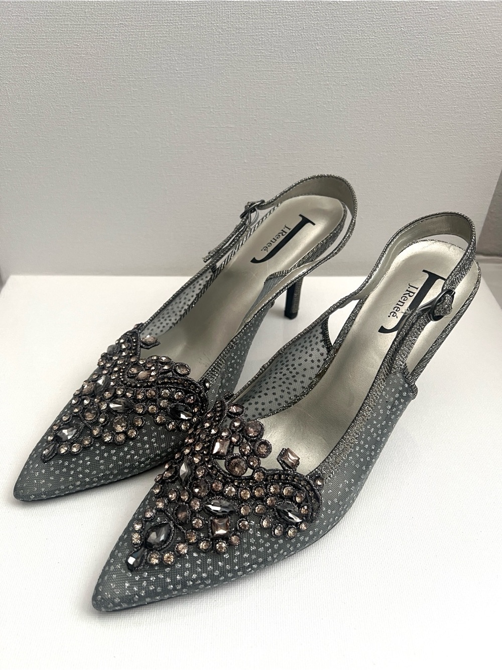J. Reneé Strovanni Women Peweter Jeweled Mesh Slingback Kitten Heel Pumps Sz 8.5